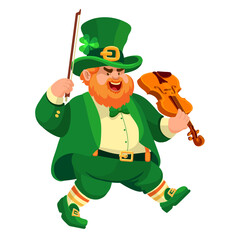Leprechaun in a hat with a violin. Cartoon character in flat style isolated on white. Funny fat musician with violin. Illustration for St. Patricks Day. Design element for the Irish holiday. Vector