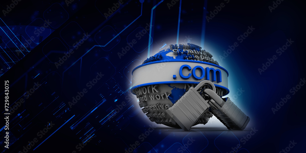 Poster 3d illustration globe with word dot com protection lock