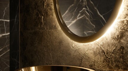  a round mirror on a wall above a sink in a room with marble walls and a round mirror on the wall above a sink and a round mirror on the wall.