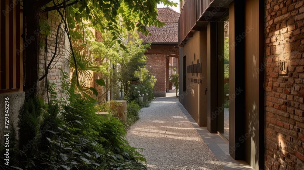 Poster a narrow walkway between two buildings with trees on both sides of the walkway and a walkway between