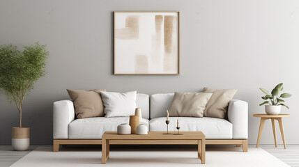 Fototapeta na wymiar a simple light grey living room with white sofa and a vase, in the style of muted abstraction, light brown and beige, commission for, tonal, framing, beige, hazy