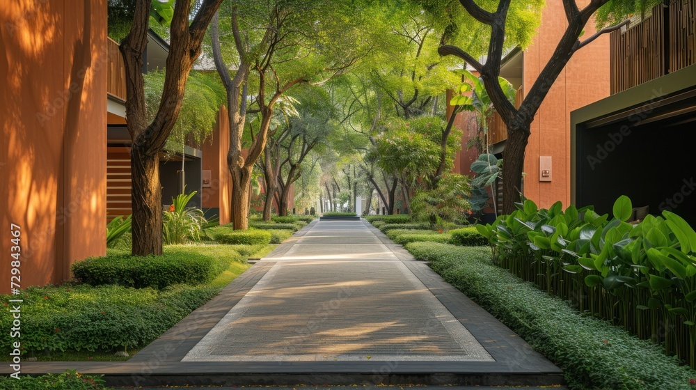 Poster a street lined with trees and bushes next to a building with a clock on the front of the building an