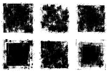 Set of 6 Vector black grunge rough overlay textures. Distressed backgrounds.