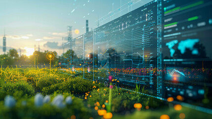 Industrial Plant with Digital Interface Analytics in Lush Field  - obrazy, fototapety, plakaty