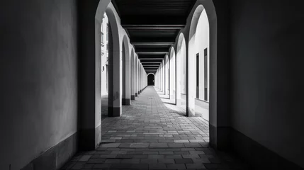 Foto op Canvas  a black and white photo of a person walking down a long hallway with arched windows on either side of the walkway and a brick walkway leading to the other end of the room. © Olga