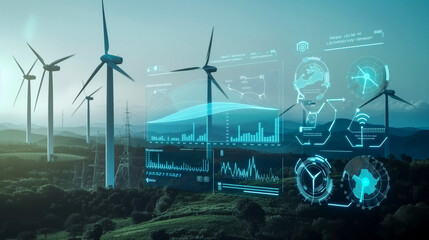 Futuristic Wind Farm Analysis with Digital Interface Overlay
 - obrazy, fototapety, plakaty