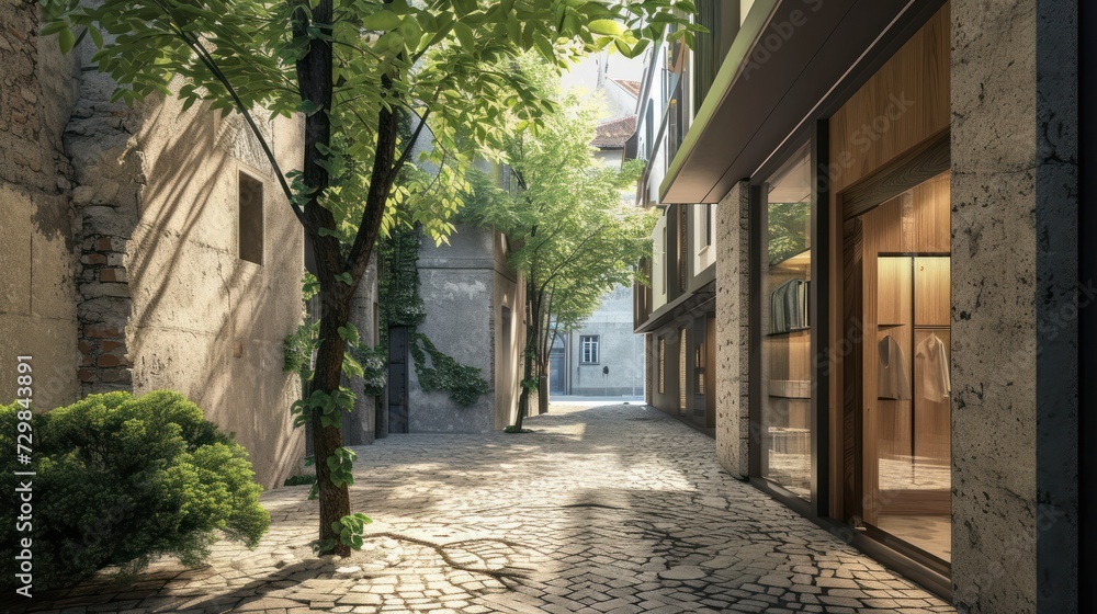 Poster a narrow cobblestone street with a tree on one side and a building on the other side of the street w