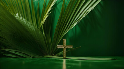Christian wooden cross with palm tree leaves background  - obrazy, fototapety, plakaty