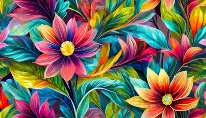 Fototapeta na wymiar Abstract tropical floral background, vibrant watercolor effect