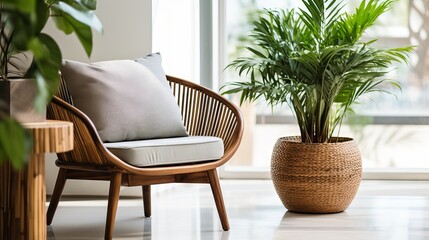 Fototapeta na wymiar Green lounge chair and wicker round coffee table in a modern living room with mid-century style and natural light