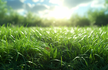 Green grass bathed in sunlight under a bright blue sky