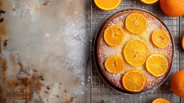  a cake topped with orange slices on top of a cooling rack next to a bunch of oranges on top of a cooling rack on a counter top of a table.