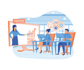  Online Training Conference for Office Workers. Male and female  Sitting with Laptop at Desks Receive Knowledge from Female Coach.  flat vector modern illustration 