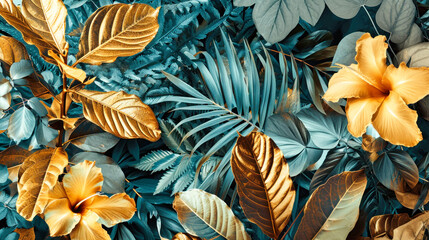 Creative layout of tropical flowers and palm leaves, top view, flat lay. Concept for design