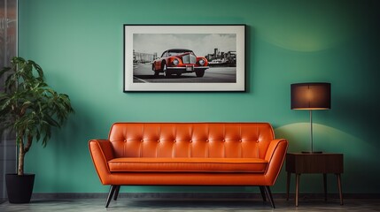 Green sofa and orange chairs in a cozy living room with a poster frame on the wall. Mid-century,...