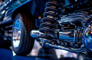 Fototapeta premium A close-up of a car's suspension system, showcasing shiny coils and mechanical parts, rendered with a metallic blue and purple sheen.