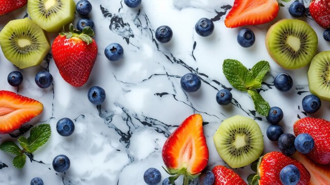  a marble table topped with sliced strawberries, kiwi, blueberries, strawberries, and strawberries on top of a marble slab of white counter top.