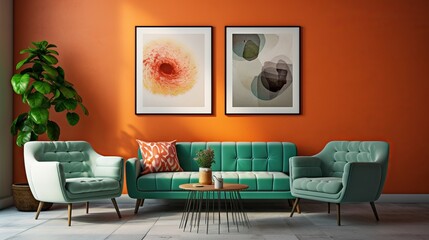 Green sofa and orange chairs in a cozy living room with a poster frame on the wall. Mid-century, vintage, retro style home interior design.