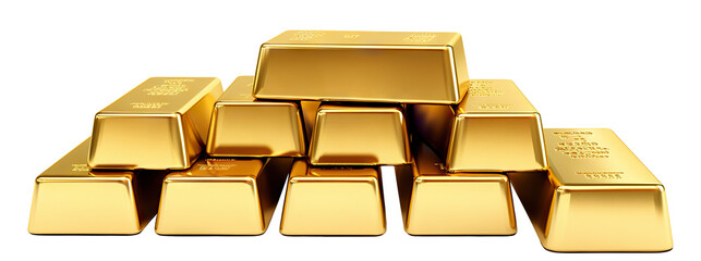 Polished gold bars neatly stacked, shining brilliantly, cut out