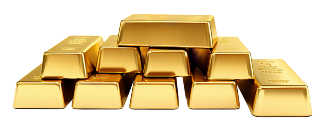 Polished gold bars neatly stacked, shining brilliantly, cut out