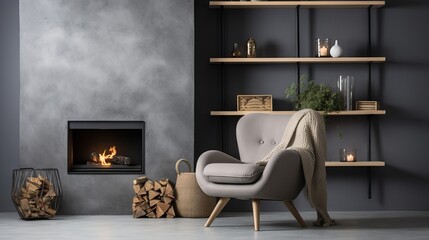 Cozy and minimalist living room with grey chair, fireplace, and window view. Scandinavian style home decor.