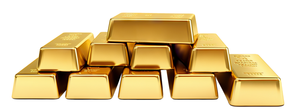 Polished gold bars neatly stacked, shining brilliantly, cut out