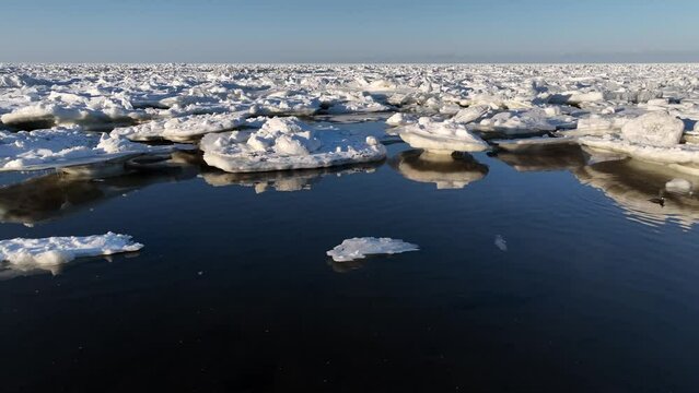 Drift ice ashore photographed by drone, Sea of Okhotsk, Hokkaido