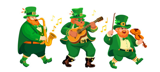 Three funny fat musicians in leprechaun costumes. People with a guitar, violin, saxophone. Cartoon characters in flat style isolated on white. Illustration for St. Patricks Day, Irish holiday. Vector