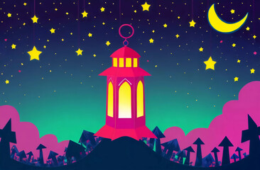 Arabian lantern against the background of the starry sky. Illustration. Generative AI