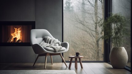 Cozy and minimalist living room with grey chair, fireplace, and window view. Scandinavian style home decor.