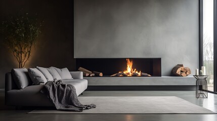 Modern and cozy living room with grey corner sofa and glass fireplace