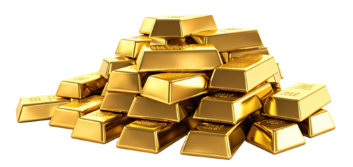 Polished gold bars neatly stacked, shining brilliantly, cut out