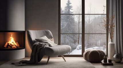 Cozy and minimalist living room with grey chair, fireplace, and window view. Scandinavian style home decor.