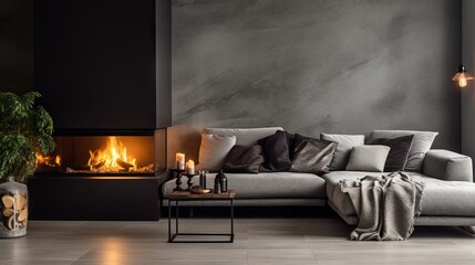 Modern and cozy living room with grey corner sofa and glass fireplace