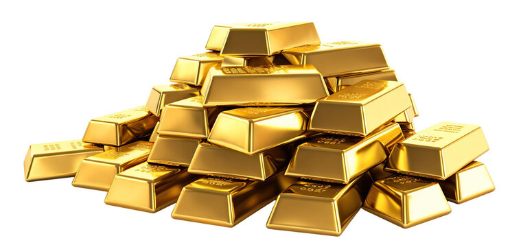Polished gold bars neatly stacked, shining brilliantly, cut out