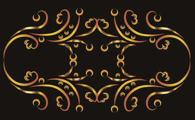 Fantasy illustration. Curls, flowers. Symmetrical ornament, applique, background with space for inscription. Gold gradient on a black background for printing on fabric, applique and cards.