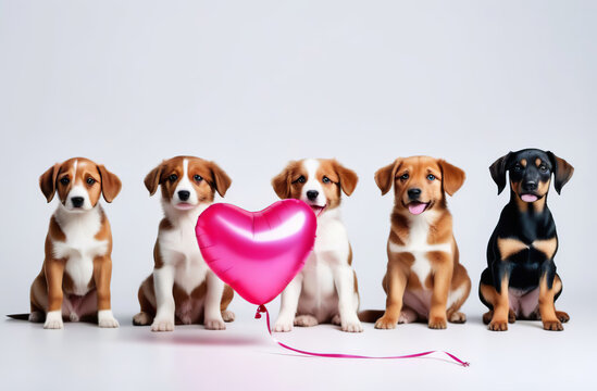 Group of puppy dogs with a pink heart shaped balloon on a gray color background. Banner, copy space for text. Gift for Valentine's Day. Funny Valentines animal, love, wedding. Greeting card, postcard