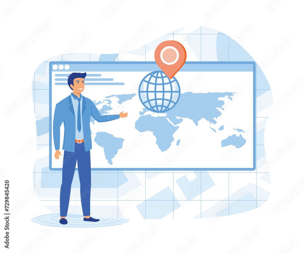 Aufkleber set geo location concept. tiny male searching route and looking on map online in web positioning. fl