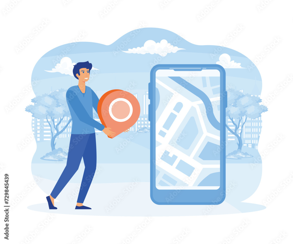 Poster set geo location concept. male searching route and looking on map online in smart phone application.