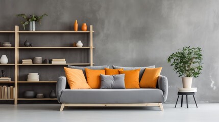 Modern living room with grey sofa, orange and white pillows, and concrete wall with shelves. Scandinavian home interior design concept.