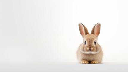 Fototapeta premium Bunny on a white background. Rabbit for greeting cards, banners, and more. The cute Easter bunny postcard. Happy Easter card. Adorable little rabbit.
