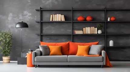 Modern living room with grey sofa, orange and white pillows, and concrete wall with shelves. Scandinavian home interior design concept.