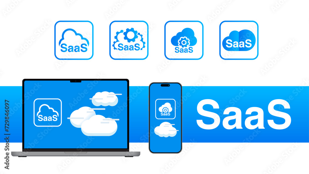 Poster saas - software as a service concept. digital web server and data center services, cloud service, sy