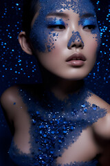 Fashion editorial Concept. Stunning beautiful woman high fashion striking shiny blue glitter shimmer sparkle makeup. illuminated with dynamic composition and dramatic lighting. copy text space