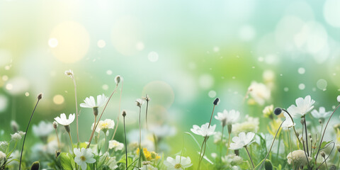 Spring banner with flowers and light copy space. Spring season concept. Shallow depth of field.