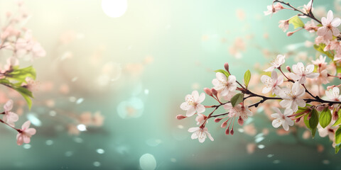 Spring banner with cherry blossom and light copy space. Spring season concept.  Shallow depth of field.