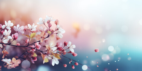 Spring banner with cherry blossom and light copy space. Spring season concept. Shallow depth of field.