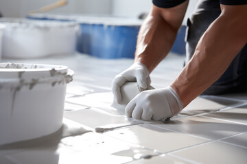 A close-up of hands carefully placing a ceramic tile onto a freshly applied mortar bed on a bathroom floor