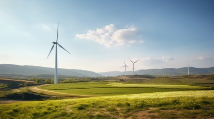 Wind turbines in field power plants amidst a green landscape on a sunny day against a blue sky. A source of alternative renewable electricity in nature.