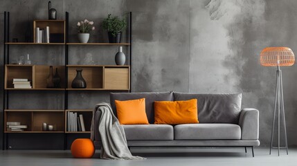 Modern living room with grey sofa, orange and white pillows, and concrete wall with shelves. Scandinavian home interior design concept. - obrazy, fototapety, plakaty